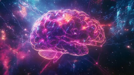 Obraz premium Neon-Lit Digital Brain with Interconnected Synapses and Cosmic Background Featuring Stars and Celestial Bodies