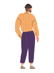 A man with a beanie hat is seen from behind, wearing a yellow striped sweater and purple pants. Ideal for fashion, casual wear, youth culture, urban lifestyle, and modern trends. Simple vector style