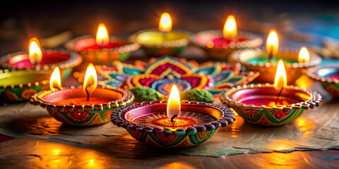 Traditional Indian Diwali diya lamp with colorful candles , Diwali, festival, lights, celebration, tradition, India