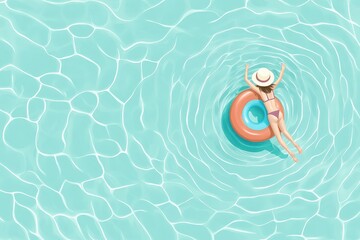 A woman floats with arms outstretched in a sparkling blue pool - Generative AI. Beautiful simple AI generated image