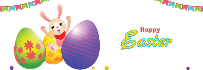 Happy Easter header or banner design with colorful printed easter eggs and cute cheerful bunny illustration on white background.