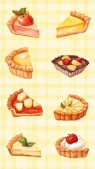 Watercolor set of apple pies and blueberries tarts,traditional pastries and delicious pie,hand painted triangular slice,thanksgiving,autumn season,Hand-drawn vector illustration,menu pattern.