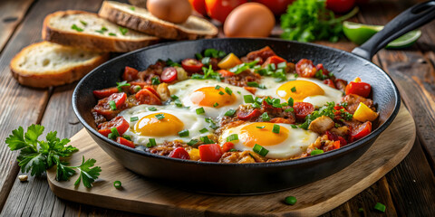 Hearty breakfast skillet with eggs, a delicious and filling meal , breakfast, skillet, eggs, food, meal, tasty, delicious