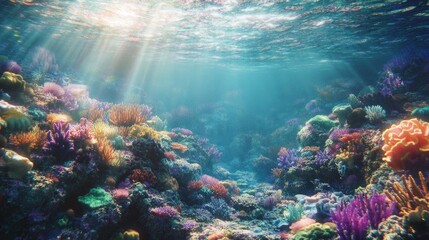 Fototapeta premium A mesmerizing underwater view of the ocean, showcasing the vibrant colors of coral and marine life in their natural outdoor environment.