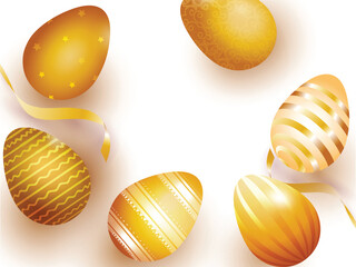 3D Shiny Golden Easter Eggs Decorated Background and Copy Space.
