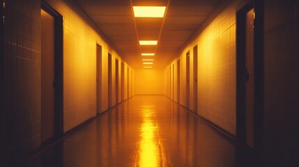 A single yellow light shining down a long, empty hallway in a dark building.