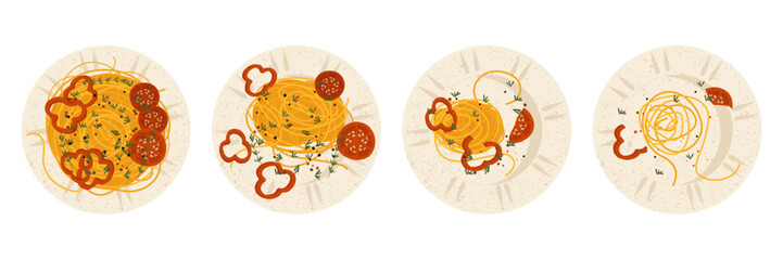 Empty pasta dish. Cartoon spaghetti and macaroni with tomato sauce on plate, traditional italian food for lunch. Vector meal sequence.eps