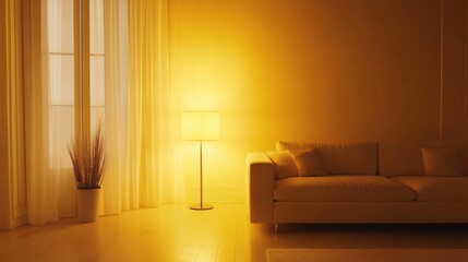A soft, ambient yellow light illuminating a minimalist room with clean, modern furniture.