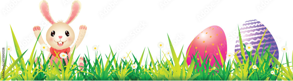 Poster Easter Festival Background with Cute Bunny Character, Colorful Eggs Hidden in Green Grass Field.