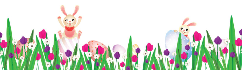 Cute Bunnies Characters Enjoys with Colorful Easter Eggs on Floral Garden View.