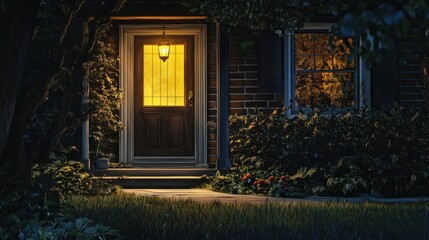 A yellow porch light glowing softly in the evening, illuminating a front yard with shadows.