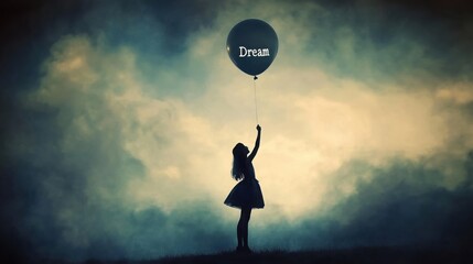 A girl stands in a field at night, holding a thread from a red balloon marked with Dream. The twinkling stars enhance the enchanting feeling of her hopeful gaze into the sky.