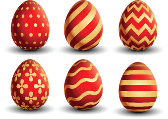 Set of 3D Easter Eggs Elements in Red and Golden Color.