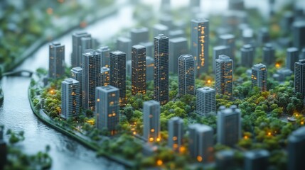 A detailed 3D representation of a contemporary city, highlighting sleek glass and concrete structures, green parks, and proximity to a flowing river, emphasizing modern urban design.