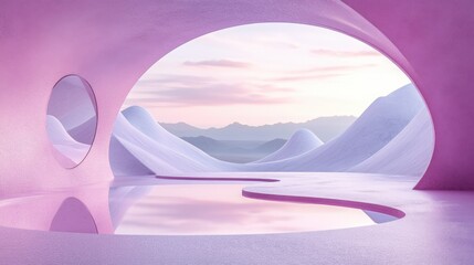 A whimsical mirror stands in a light pink and violet desert landscape, reflecting soft mountains under a dreamy sky during twilight