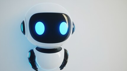 Cute cartoon-style robot head icon with smooth glossy surface and blue eyes, designed with a minimalist aesthetic on a white background for creative projects and branding