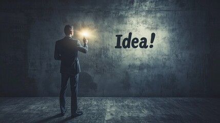 A man in a business suit stands in a dark room, holding flashlights that illuminate the word 'Idea' on the wall, reflecting themes of creativity and innovation.