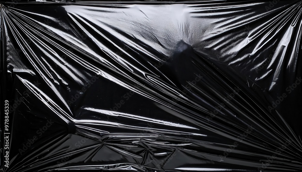 Poster shiny black wrinkled plastic sheeting background with dramatic textures and glossy surface, creating