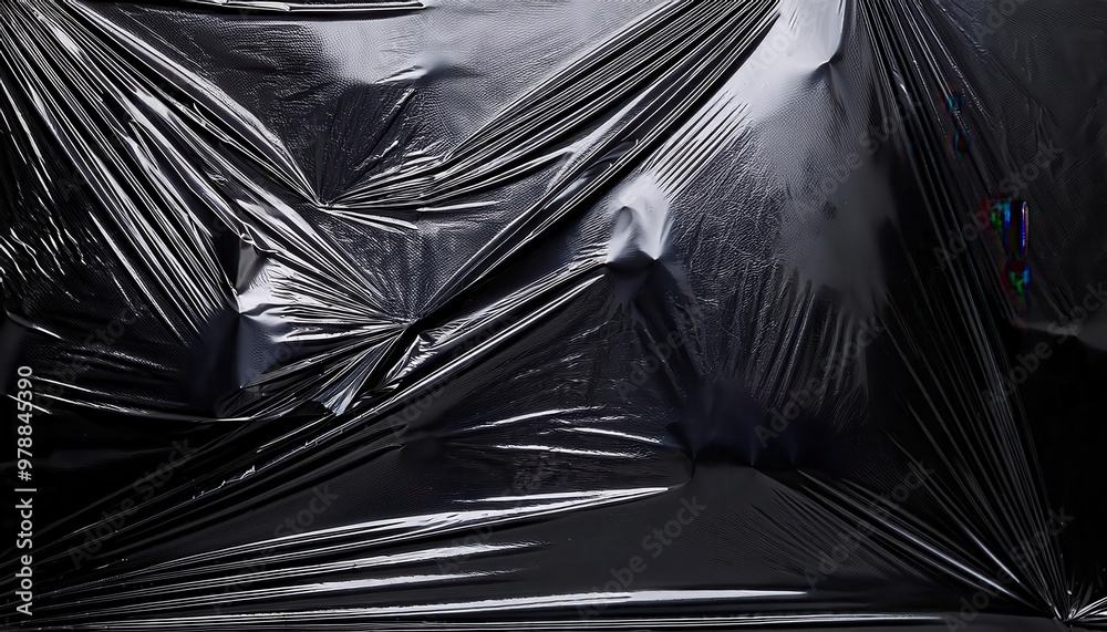 Poster shiny black wrinkled plastic sheeting background with dramatic textures and glossy surface, creating