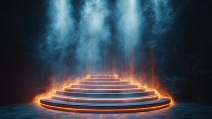 Obraz premium A brightly lit concert podium stands empty, enveloped in steam, as spotlights create a dramatic atmosphere, setting the stage for an exciting fashion event to unfold.