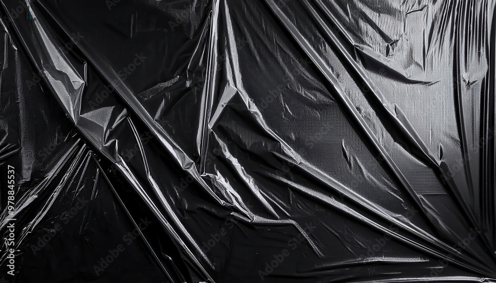 Poster shiny black wrinkled plastic sheeting background with dramatic textures and glossy surface, creating