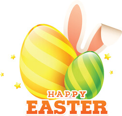 Sticker Style Happy Easter Text with Shiny Eggs, Bunny Ear on White Background.