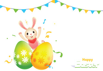 Easter Celebration Poster Design with Cute Bunny Character, Flower Printed Eggs and Bunting Flags Decorated Background.
