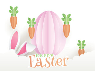 Paper Style Happy Easter Greeting Card with Bunny Ear, Pink Egg, Carrot Decorated on Cloudy Background.