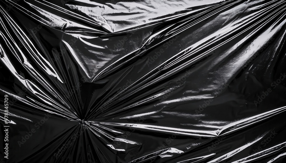 Poster shiny black wrinkled plastic sheeting background with dramatic textures and glossy surface, creating