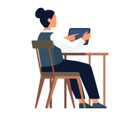 Woman sits at table and works with text on laptop. Female character secretary at workplace working on pc. Professional staying connected and organized with power of technology. Businesswoman at desk