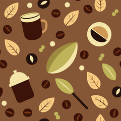 Obraz premium Hot coffee drink abstract geometric pattern. Geometrical shape composition, retro vector background or corporate identity abstract pattern with coffee bean, leaf, turkish jezve, takeaway paper cup