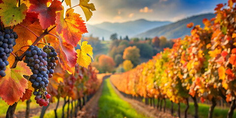 Vineyard in autumn with vibrant colored leaves and ripe grapes , harvest, winery, grapevines, fall