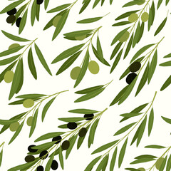 Olives pattern. Seamless print of green olive botanical mediterranean fruit branches, organic vegan vegetable nourishment. Vector texture.eps