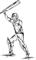 Sketching illustration of cricket batsman raised his hands with a bat.