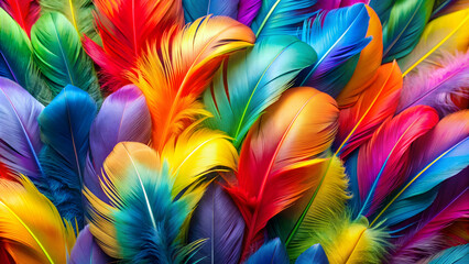 Vibrant multi-colored feathers closeup showing stunning textures and gradients, feathers, closeup, vibrant, multicolored