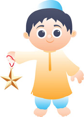 Cute Cartoon Islamic Boy Holding Golden Star Vector Illustration.