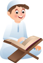 Cute cartoon muslim boy reading holy book quran vector illustration.