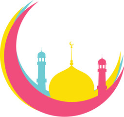 Colorful mosque with crescent moon flat icon.