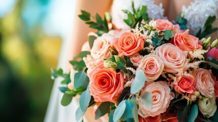 Exquisite floral bouquet with lush pink roses soft peonies and delicate greenery against a blurred natural backdrop  The romantic feminine arrangement is perfect for weddings events