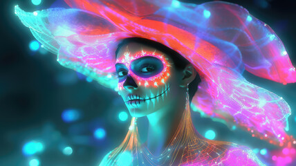Mexican catrina at Day of the Dead festival, D&iacute;a de los Muertos, November 1, young woman with skeleton makeup, beautiful girl in carnival costume, Aztec culture, Halloween, holiday, celebration, art