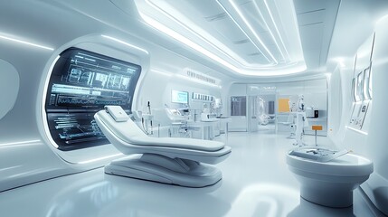 A futuristic medical facility with advanced devices, a sterile white environment, and sleek, modern design, showcasing