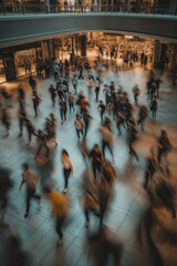 Blurred crowd rushing inside a shopping mall