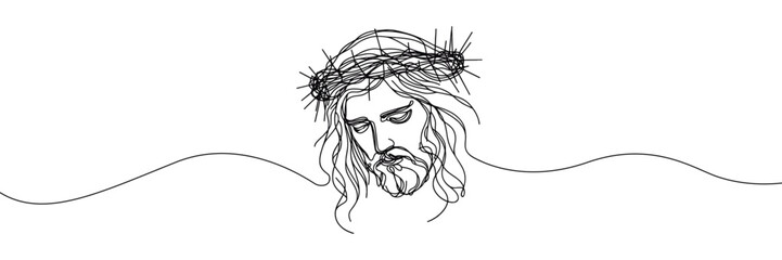 Single line vector image on white background. Jesus in a wreath of thorns	with lowered head