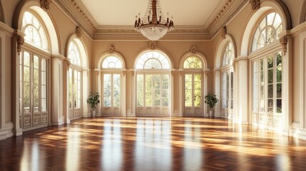 Fototapeta premium A grand foyer with polished wooden floors, arched windows, and chandeliers, flooded with natural light