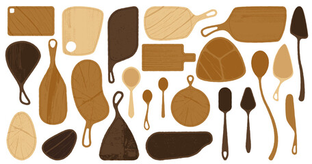 Cutting boards. Cartoon wooden kitchen utensils, circle and rectangle board for chopping and cutting food, natural material flat style. Vector isolated set.eps