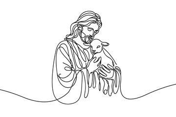 Single line vector image on white background. Portrait of Jesus with a lamb in his arms © Olena Hnatiuk