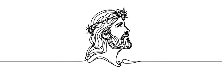 Single line vector image on white background. Jesus in a wreath of thorns	