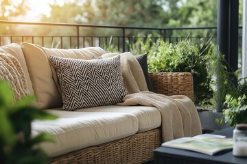 Obraz premium Comfortable outdoor balcony with cozy seating, decorative pillows, string lights, and plants, ideal relaxing spot, evening ambiance concept