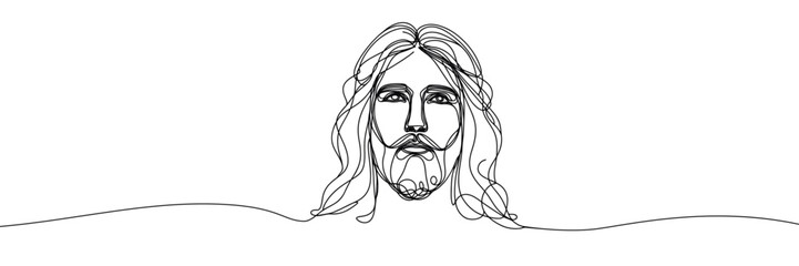 Single line vector image on white background. Portrait of Jesus with raised head