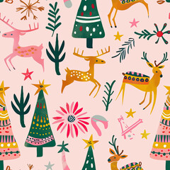 Whimsical Christmas Pattern with Reindeer, Trees, and Stars on a Light Pink Background
